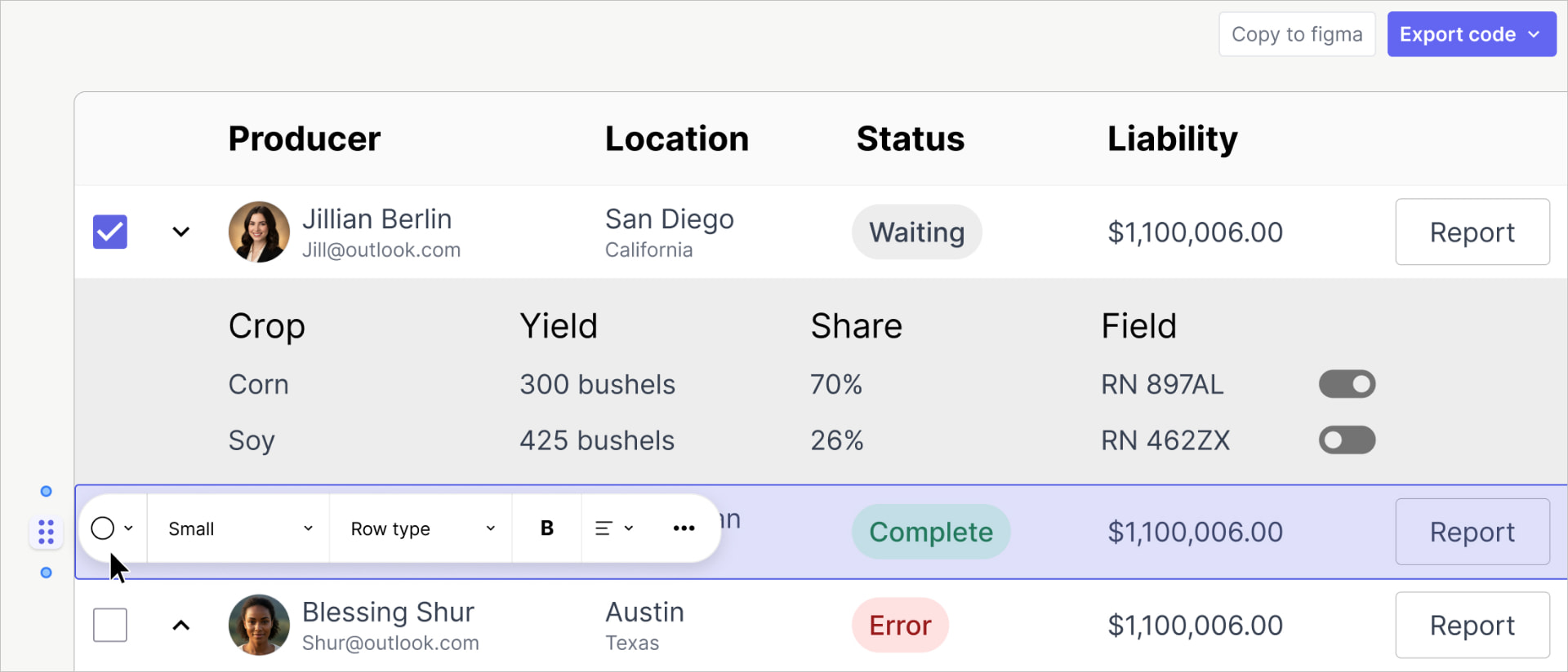 Gridforge product screenshot: a data table with Producer, Location, Status, and Liability columns, showing the Location column being dragged to reorder, status badges, and a Copy to Figma button